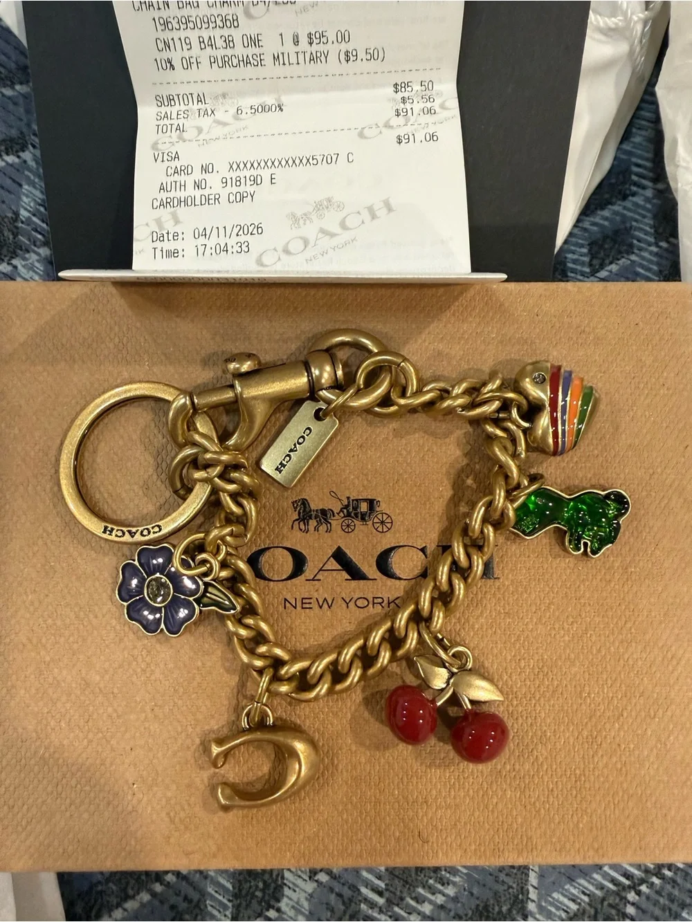 Coach Gold-Tone Motif Chain Bag Charm with Multi Enamel Charms with Dust Bag